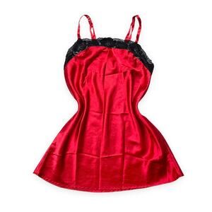Red satin and black lace trim slip dress size medium